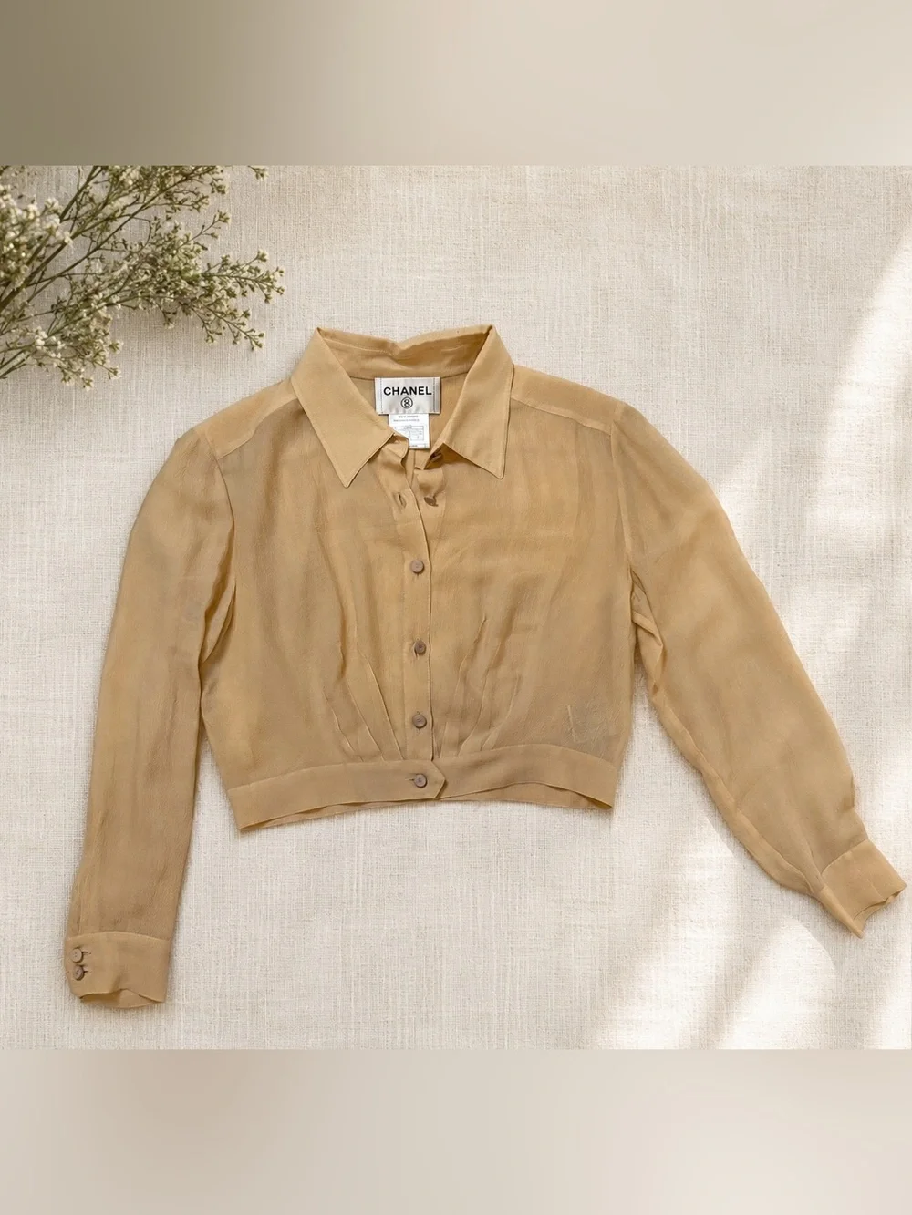 Classic CHANEL 2001A Nude Beige  Silk Sheer Cropped Shirt CC Logo Buttons FR 40